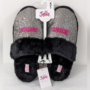 Justice Girls Black Sparkly Scuff Slip On Slippers, Size 4/5, New With Tag